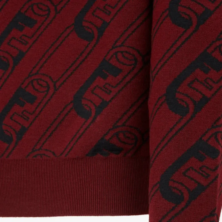 Pull FENDI col rond laine rouge bordeaux motif Fendi O’Lock noir