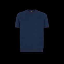 Pull FENDI col rond manche courte coton bleu marine point Selleria FF relief