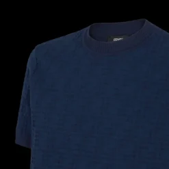 Pull FENDI col rond manche courte coton bleu marine point Selleria FF relief