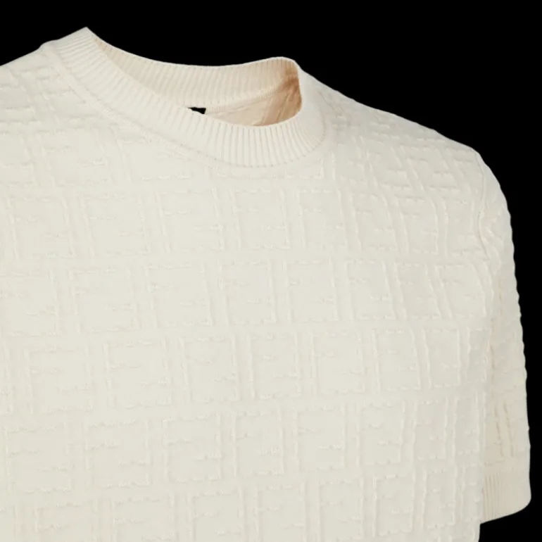 Pull FENDI col rond manche courte coton beige point Selleria FF relief
