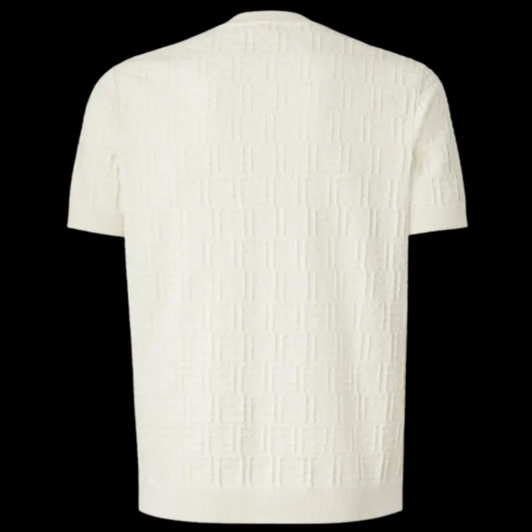 Pull FENDI col rond manche courte coton beige point Selleria FF relief