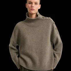 Pull gros col YVES SALOMON rond laine cachemire kaki boutons