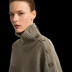 Pull gros col YVES SALOMON rond laine cachemire kaki boutons