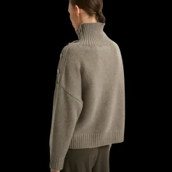 Pull gros col YVES SALOMON rond laine cachemire kaki boutons