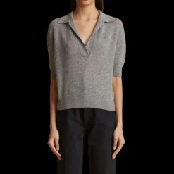 Pull KHAITE Shrunken col polo manche courte cachemire gris