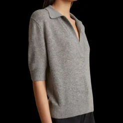 Pull KHAITE Shrunken col polo manche courte cachemire gris