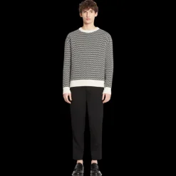 Pull LANVIN col rond laine jacquard motif chevron Curb noir blanc