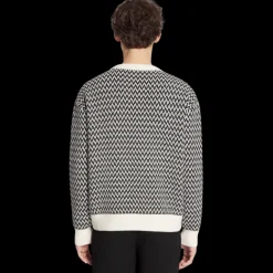 Pull LANVIN col rond laine jacquard motif chevron Curb noir blanc