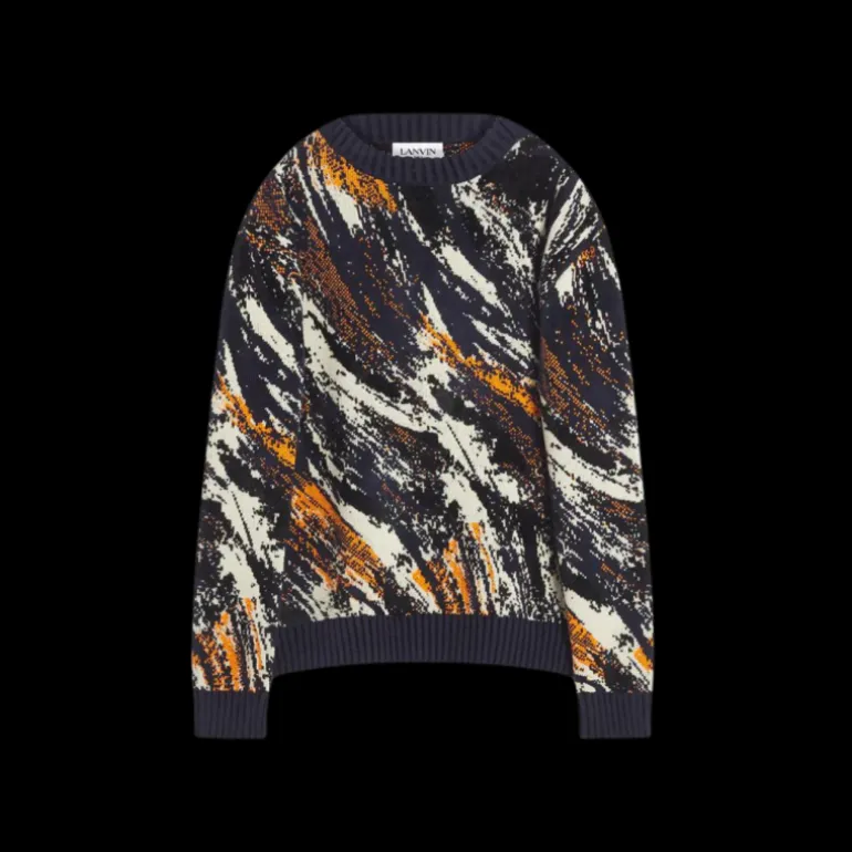 Pull LANVIN col rond maille jacquard viscose tricoté bleu marine motif fourrure