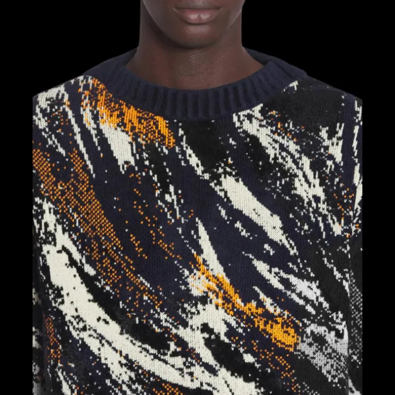 Pull LANVIN col rond maille jacquard viscose tricoté bleu marine motif fourrure