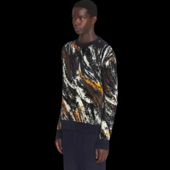 Pull LANVIN col rond maille jacquard viscose tricoté bleu marine motif fourrure