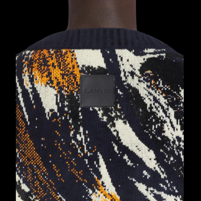 Pull LANVIN col rond maille jacquard viscose tricoté bleu marine motif fourrure