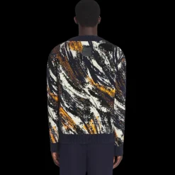 Pull LANVIN col rond maille jacquard viscose tricoté bleu marine motif fourrure