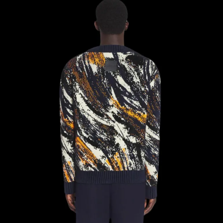 Pull LANVIN col rond maille jacquard viscose tricoté bleu marine motif fourrure