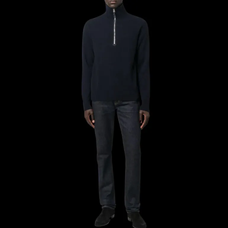 Pull maille TOM FORD col zippé laine cachemire bleu marine