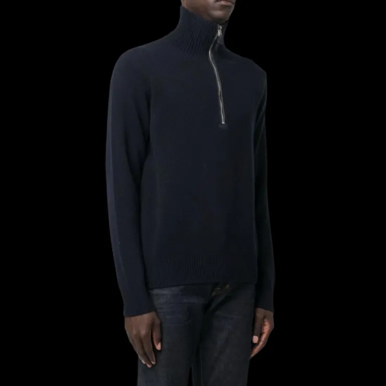 Pull maille TOM FORD col zippé laine cachemire bleu marine