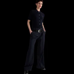 Pull manche courte BARBARA BUI col polo boutons laine soie bleu marine