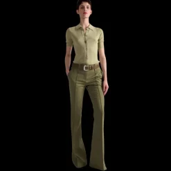 Pull manche courte BARBARA BUI col polo boutons laine soie vert tilleul