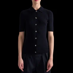 Pull manche courte BARBARA BUI col polo boutons laine soie bleu marine