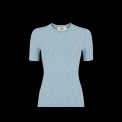 Pull manche courte FENDI viscose motif FF relief bleu clair