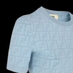 Pull manche courte FENDI viscose motif FF relief bleu clair