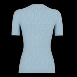 Pull manche courte FENDI viscose motif FF relief bleu clair