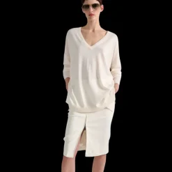 Pull manche longue BARBARA BUI col V échancré recto verso laine soie ivoire