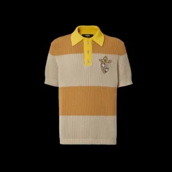 Pull polo manche courte FENDI coton rayure camel beige col jaune ecusson
