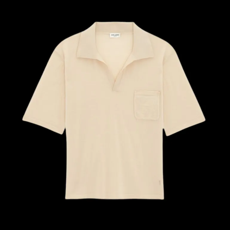 pull polo SAINT LAURENT manche courte laine responsable écru poche