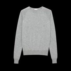 Pull SAINT LAURENT Cassandre col rond cachemire gris clair logo YSL