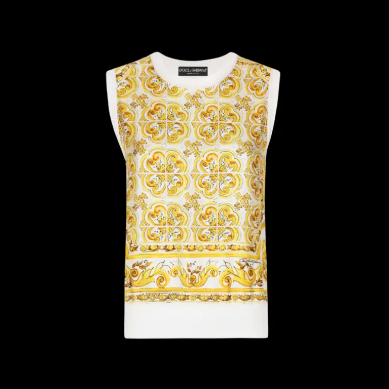 Pull sans manches DOLCE & GABBANA sergé de soie blanc imprimé majolique jaune