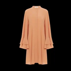 Robe chemise CHLOE courte fluide soie beige manche volants