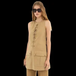 Robe CHLOE mini chasuble coton beige lacets poches