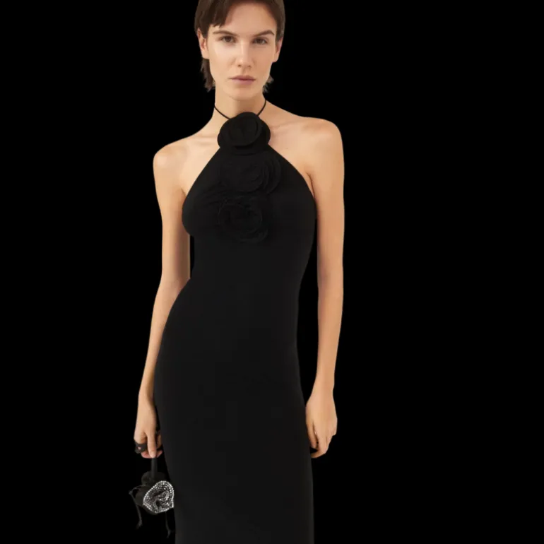 Robe extra longue MAGDA BUTRYM dos nu fleurs lacets encolure noir