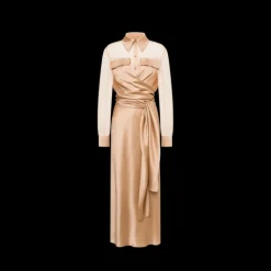 Robe longue ALBERTA FERRETTI soie beige rosé col chemise poignet satin