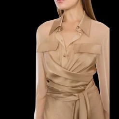 Robe longue ALBERTA FERRETTI soie beige rosé col chemise poignet satin