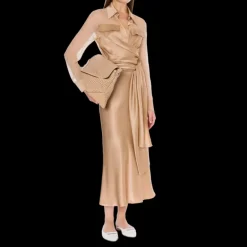 Robe longue ALBERTA FERRETTI soie beige rosé col chemise poignet satin