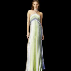 Robe longue bustier MISSONI lien cou viscose lamé rayure vert bleu paillettes