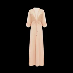 Robe longue CHLOE fluide froncée crêpe de satin lavé rose pale volants