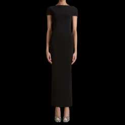 Robe longue KHAITE Basile fendue viscose noir col bateau incurvé