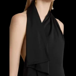 Robe longue KHAITE Roza viscose noir col foulard asymétrique