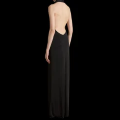 Robe longue KHAITE Roza viscose noir col foulard asymétrique