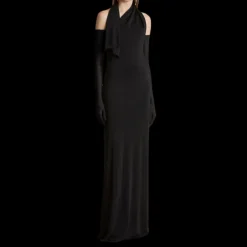 Robe longue KHAITE Roza viscose noir col foulard asymétrique