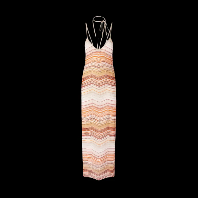 Robe longue MISSONI lamé chevrons sequins et dentelle orange