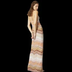 Robe longue MISSONI lamé chevrons sequins et dentelle orange