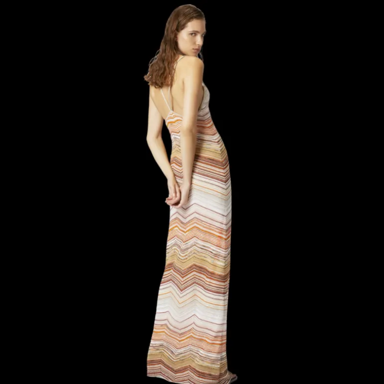 Robe longue MISSONI lamé chevrons sequins et dentelle orange