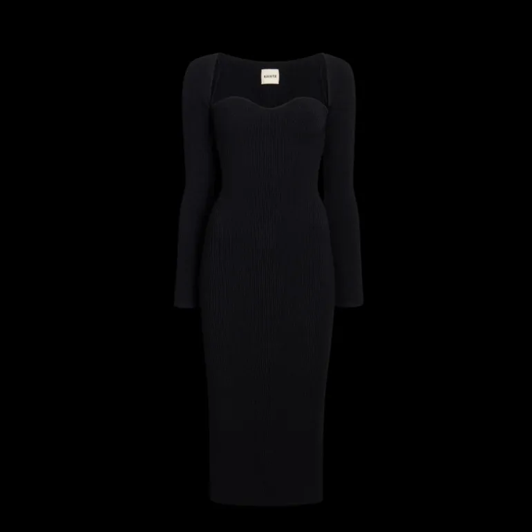 Robe mi longue KHAITE Beth encolure cœur maille viscose côtelée noir