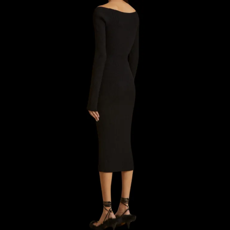 Robe mi longue KHAITE Beth encolure cœur maille viscose côtelée noir