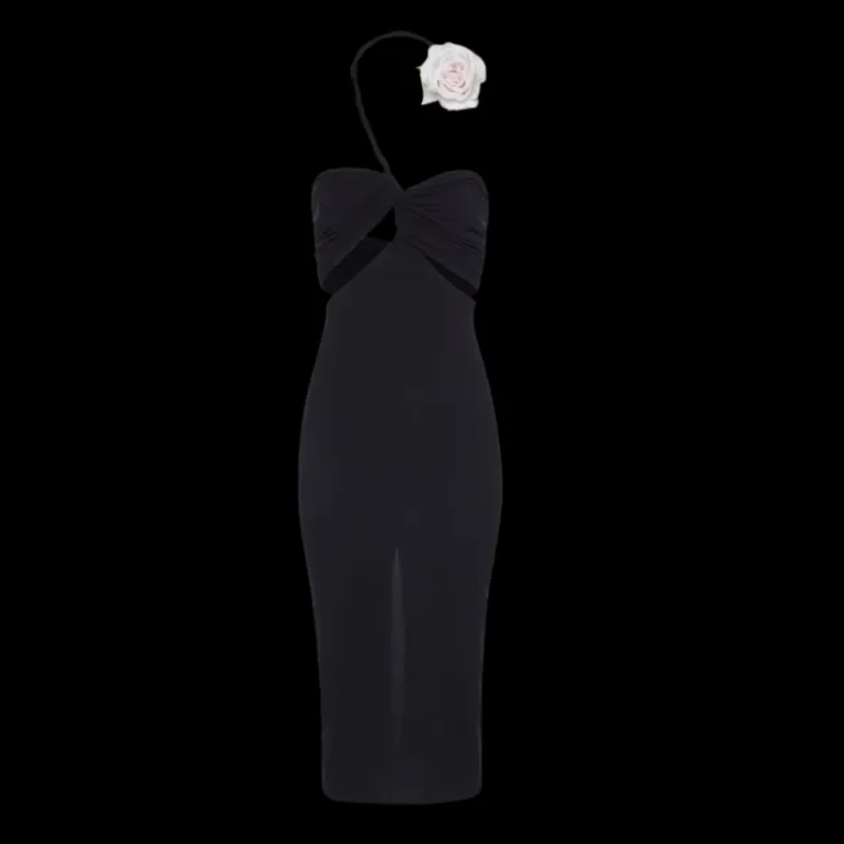 Robe midi découpée bustier noir col fleur tour de cou