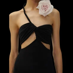 Robe midi découpée bustier noir col fleur tour de cou